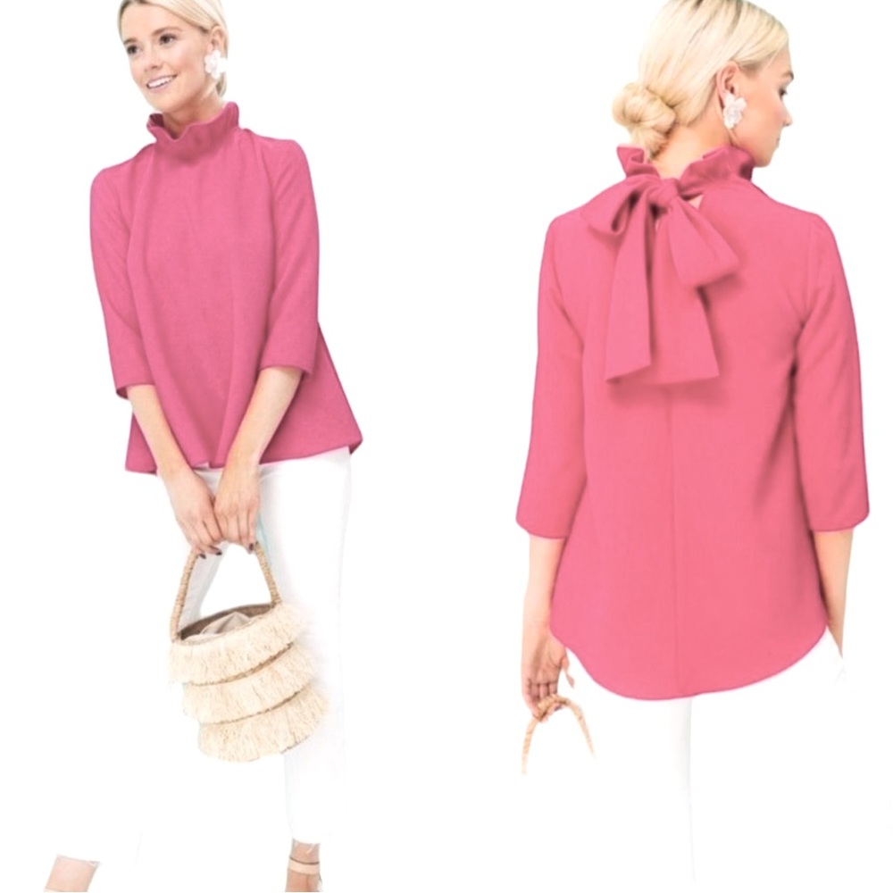 Tuckernuck Pink Tie Back Ruffle Neck 3/4 Sleeve Blouse
